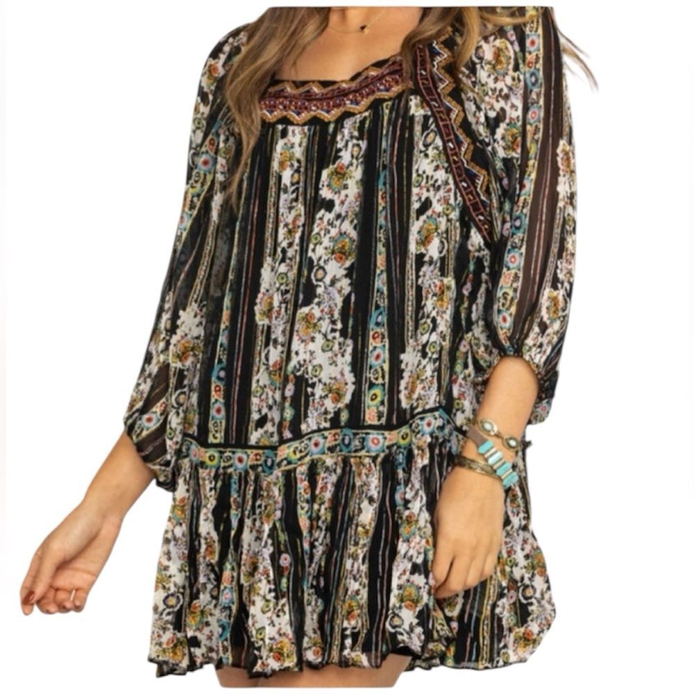 Free People Dance Magic Mini Dress Metallic Stripe Embroidery Black Sheer Small